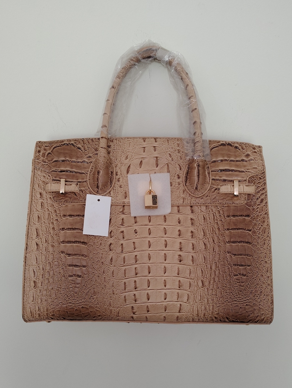 Structured Croc-Embossed Tote Bag in Beige with Matching Wallet